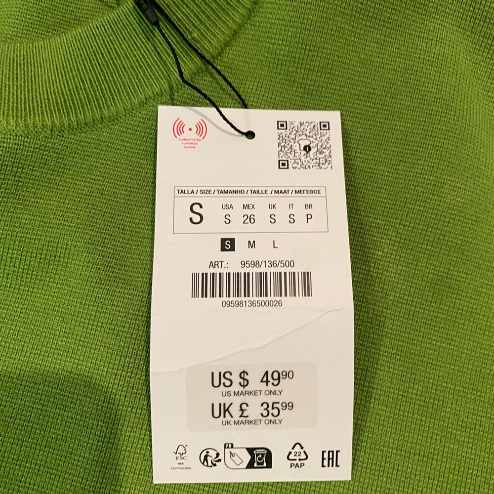 Zara Green Crewneck Sweater with Ribbed Cuffs - Picture 2 of 2